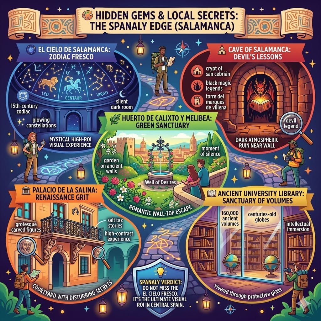 Colorful infographic detailing 5 hidden gems and local secrets in Salamanca, Spain, including the Cielo de Salamanca zodiac fresco, the Cave of Salamanca legends, Huerto de Calixto y Melibea, Palacio de la Salina cloisters, and the Ancient University Library.