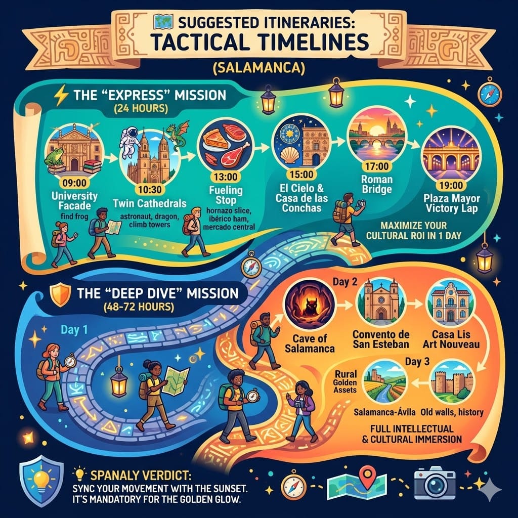 Colorful infographic detailing two suggested itineraries for Salamanca, Spain: the 24-hour 'Express Mission' for major landmarks and the 48-72 hour 'Deep Dive Mission' for hidden gems. It features sequential icons and time slots.