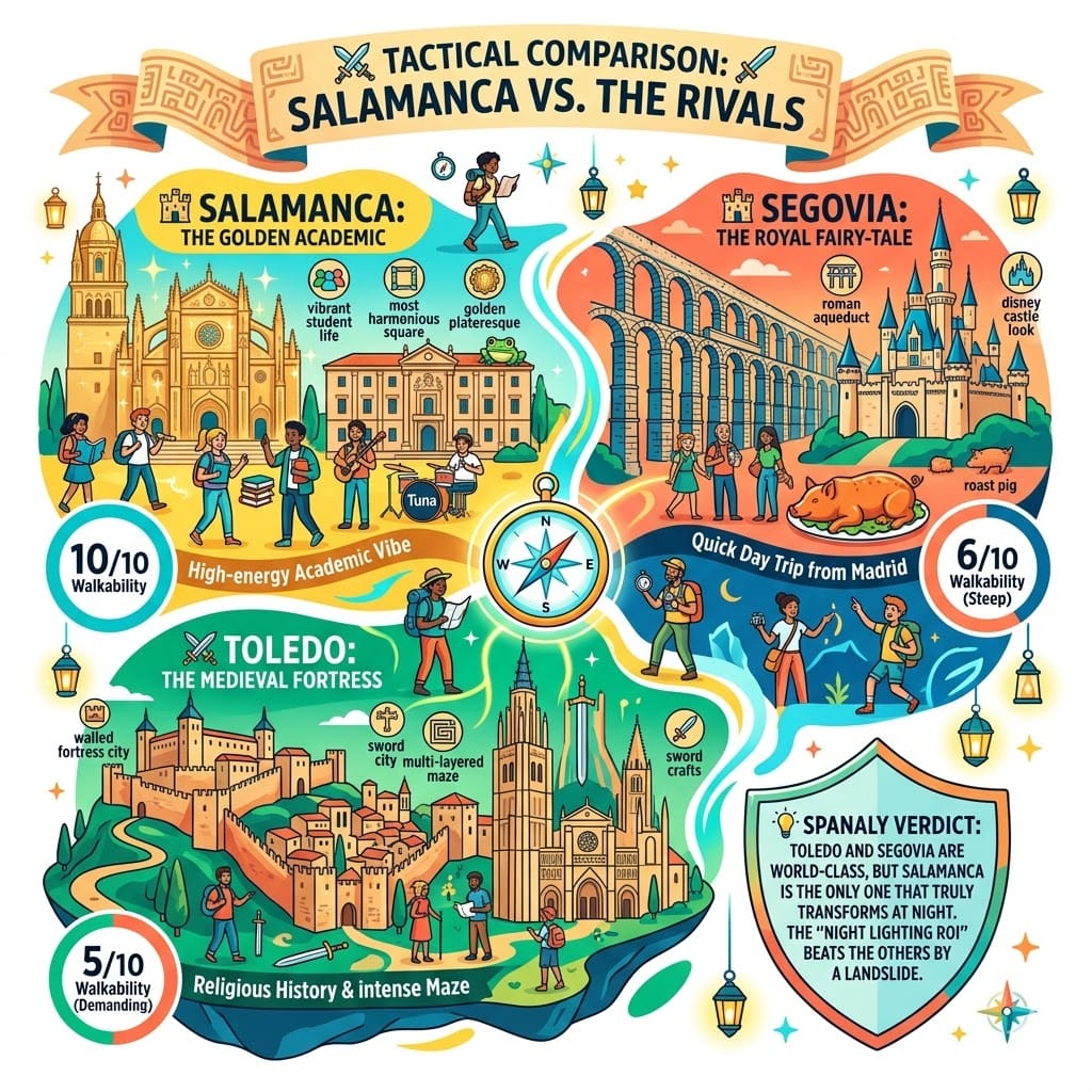 Vibrant infographic making a tactical comparison between Salamanca, Segovia, and Toledo. It highlights visual icons for Salamanca's golden architecture, Segovia's Roman Aqueduct and Alcazar, and Toledo's medieval fortress and labyrinth, with walkability meters for each.