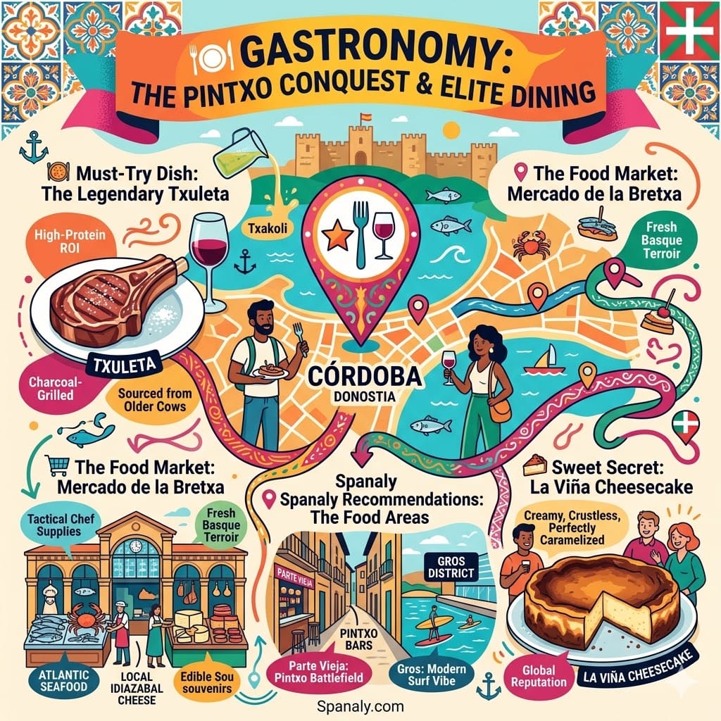 Vibrant organic flow infographic of San Sebastián gastronomy featuring Basque Txuleta steak, the famous La Viña cheesecake, Mercado de la Bretxa, and the Pintxo bars of Parte Vieja and Gros districts.