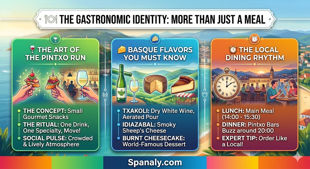 Infographic explaining San Sebastian food culture including Pintxo etiquette, Txakoli wine, and Basque dining times for travelers.