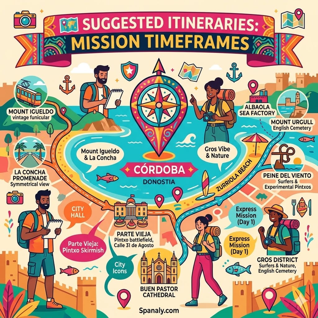 Vibrant organic flow infographic of San Sebastián travel itineraries, showing the 24-hour express mission through Parte Vieja and La Concha, and the 72-hour deep dive into Gros and Mount Igueldo.