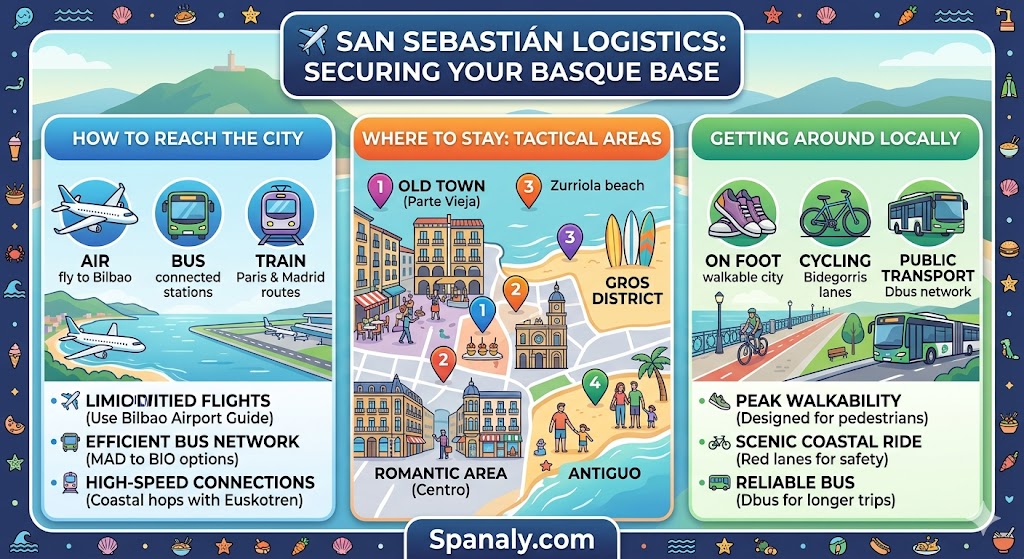A visual logistics guide for San Sebastian showing how to reach the city by air or train and the best neighborhoods to stay like Old Town and Gros.