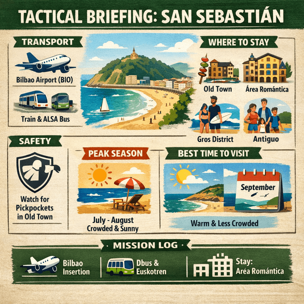 Colorful infographic showing San Sebastián travel logistics including transport options, best areas to stay, safety tips, and best time to visit Spain