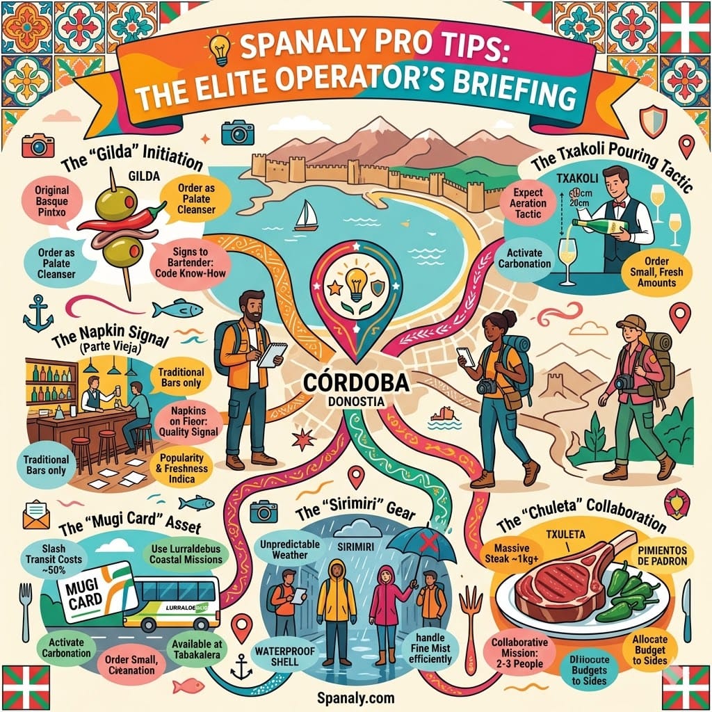Vibrant organic flow infographic of San Sebastián expert tips featuring the Gilda pintxo, Txakoli pouring technique, Mugi transit card, and Sirimiri weather gear.