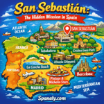 Colorful infographic map of Spain highlighting San Sebastián with icons for La Concha beach, Basque food, Mount Urgull, and top attractions