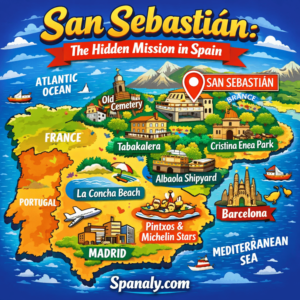 Colorful infographic map of Spain highlighting San Sebastián with icons for La Concha beach, Basque food, Mount Urgull, and top attractions