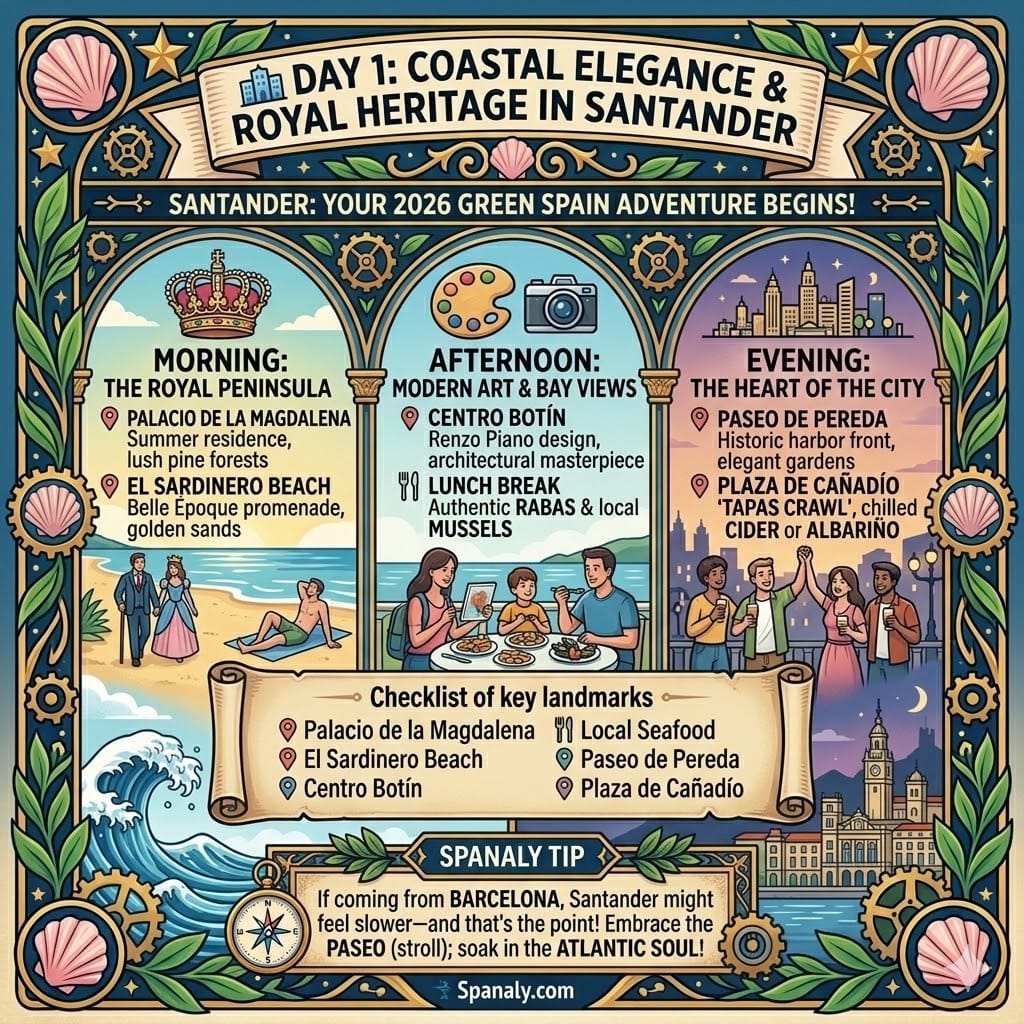 A clean, colorful infographic for Day 1 in Santander. It is divided into three sections: Morning (Palacio de la Magdalena and El Sardinero Beach), Afternoon (Centro Botín and local seafood), and Evening (Paseo de Pereda and tapas crawl). The design features a decorative Spanaly border with shells and stars.