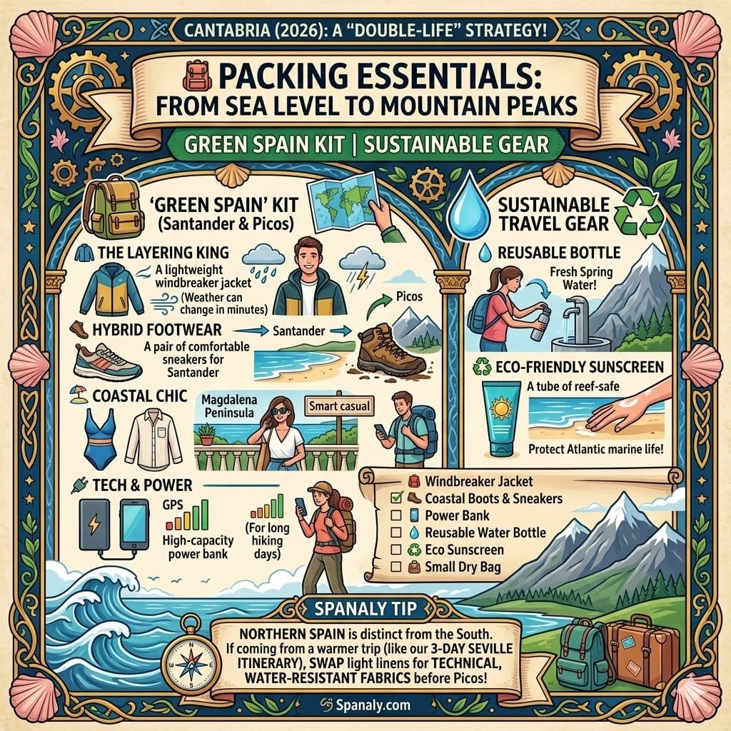 A colorful square infographic titled Packing Essentials: From Sea Level to Mountain Peaks. It features icons for a windbreaker jacket, hiking boots, coastal chic swimwear, and a power bank. The design is split between Santander's beaches and Picos de Europa's mountains, including a checklist for travelers and a Spanaly Tip about technical fabrics.