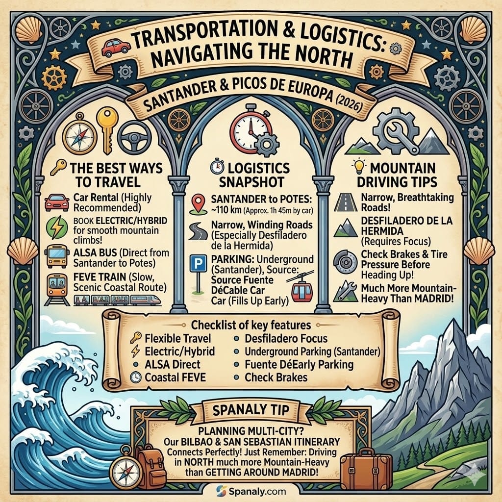 A vibrant square infographic titled Transportation & Logistics: Navigating the North. It features icons for car rentals, ALSA buses, and FEVE trains. The layout highlights travel times between Santander and Potes, mountain driving tips for Desfiladero de la Hermida, and parking advice. A checklist and Spanaly Tip regarding multi-city itineraries like Bilbao and San Sebastian are included at the bottom.