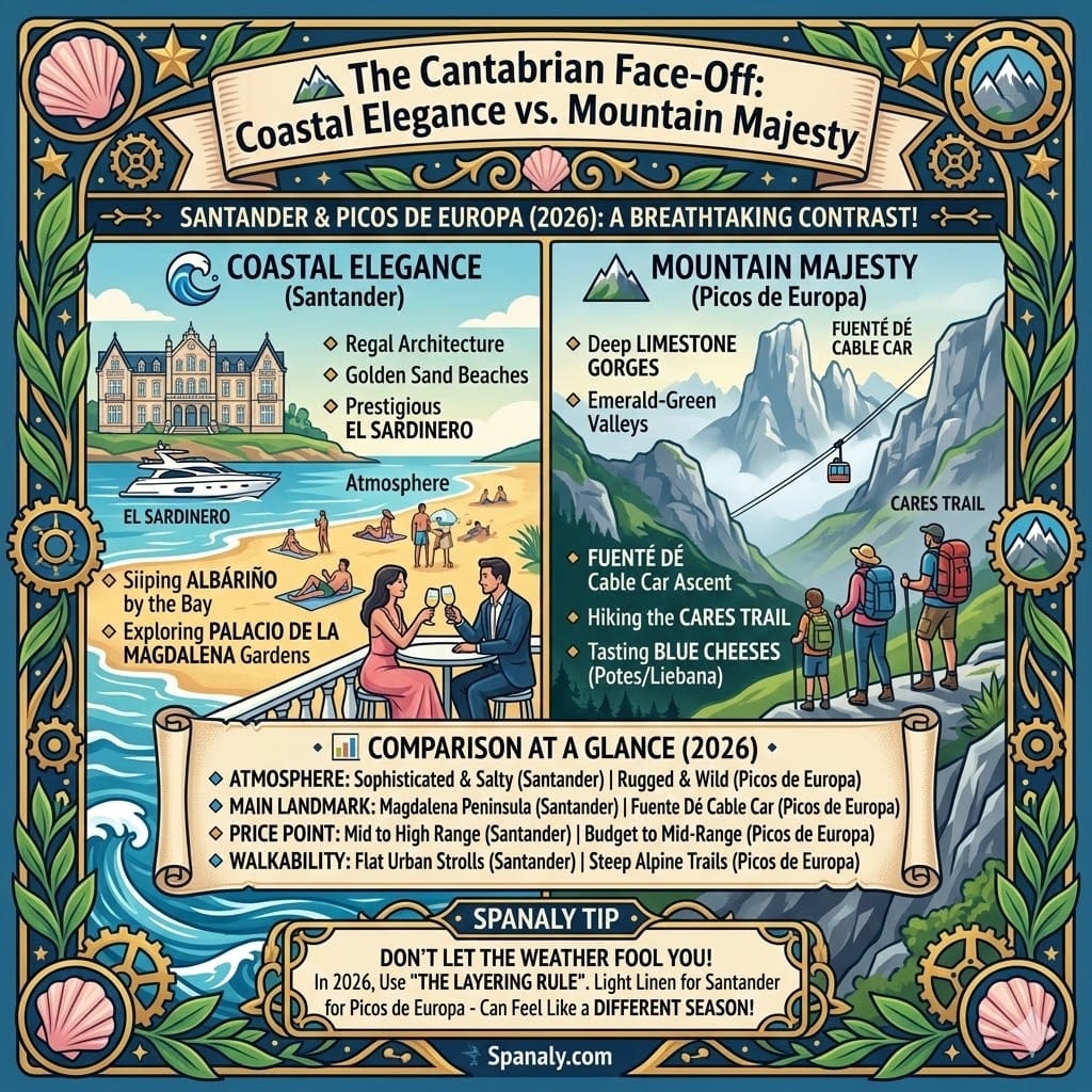 A colorful square infographic titled The Cantabrian Face-Off: Coastal Elegance vs. Mountain Majesty. The left side shows Santander with the Magdalena Palace and El Sardinero beach. The right side shows Picos de Europa with the Fuente Dé cable car and Cares Trail. A central table compares atmosphere, landmarks, price points, and walkability, with a Spanaly Tip at the bottom about weather layering.