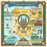 A vibrant, square map of Spain infographic centered on Santiago de Compostela in Galicia. The city features its Cathedral, Botafumeiro, and diverse pilgrims with staffs and shells. Key illustrated sections include local Galician cuisine (seafood), Alameda Park, Toy Museum, social tapas vibe on Rúa do Franco, sustainable electric mobility, and nearby landmarks like the Tower of Hercules and Cíes Islands. The image has a decorative Celtic border with Spanaly.com branding, sun, and shell icons.