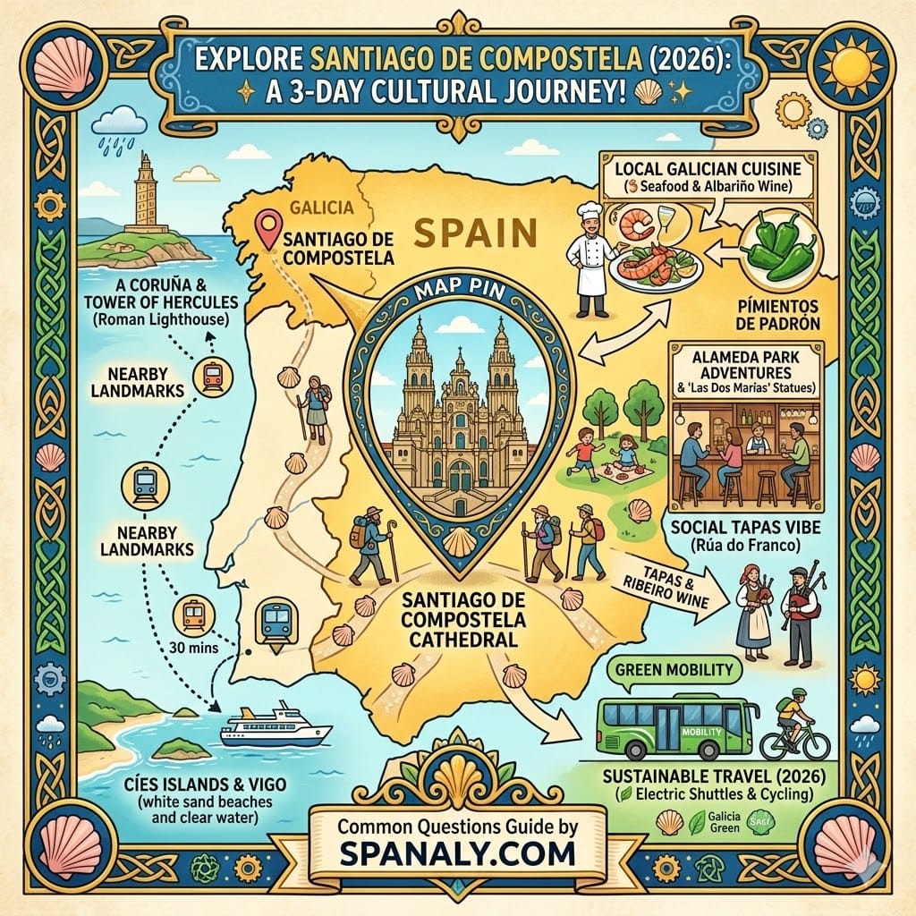 A vibrant, square map of Spain infographic centered on Santiago de Compostela in Galicia. The city features its Cathedral, Botafumeiro, and diverse pilgrims with staffs and shells. Key illustrated sections include local Galician cuisine (seafood), Alameda Park, Toy Museum, social tapas vibe on Rúa do Franco, sustainable electric mobility, and nearby landmarks like the Tower of Hercules and Cíes Islands. The image has a decorative Celtic border with Spanaly.com branding, sun, and shell icons.