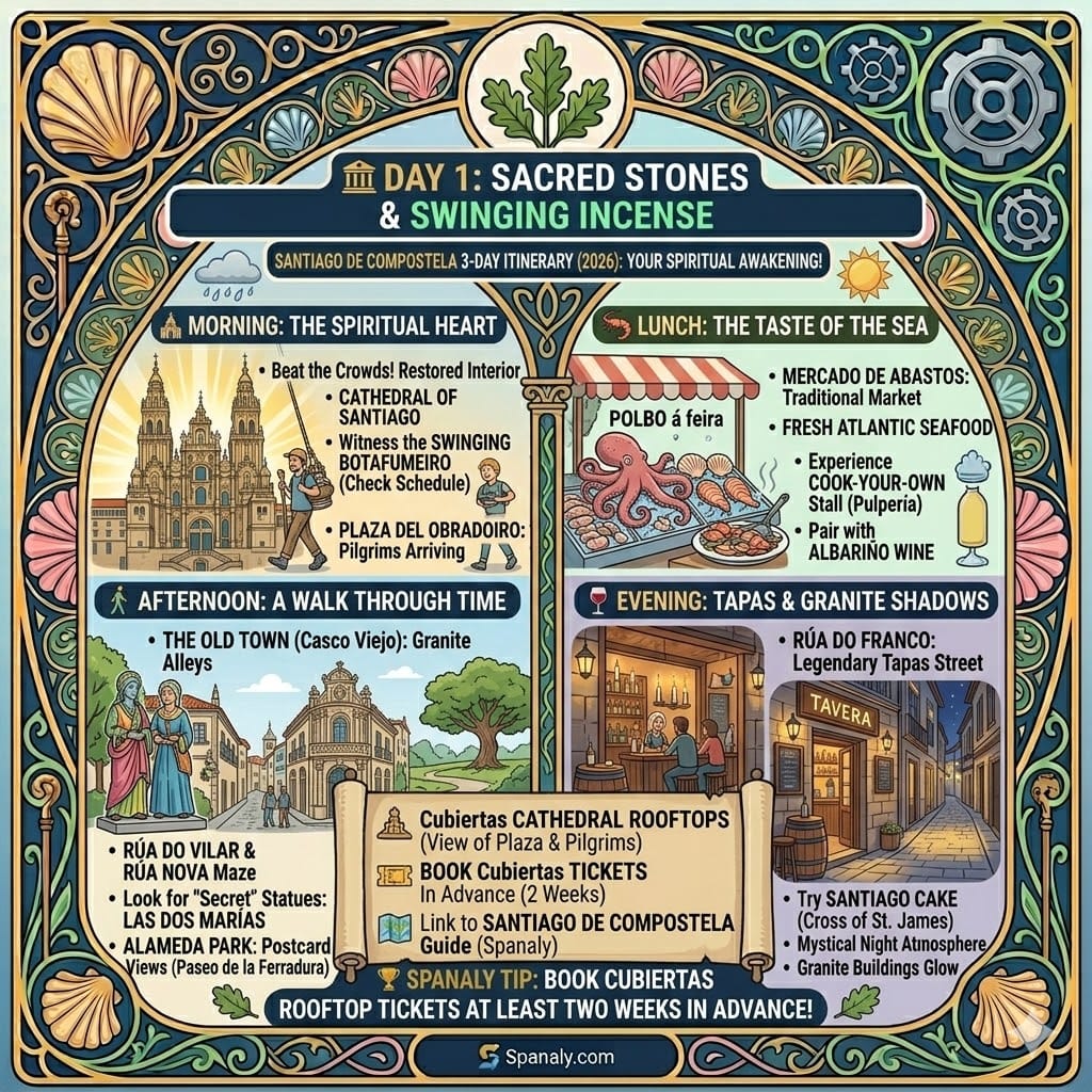 A colorful square infographic for Day 1 in Santiago de Compostela. It shows the Cathedral, the Botafumeiro, Mercado de Abastos with fresh seafood, the Las Dos Marías statues, and a cozy tapas scene in Rúa do Franco, with Spanaly branding.