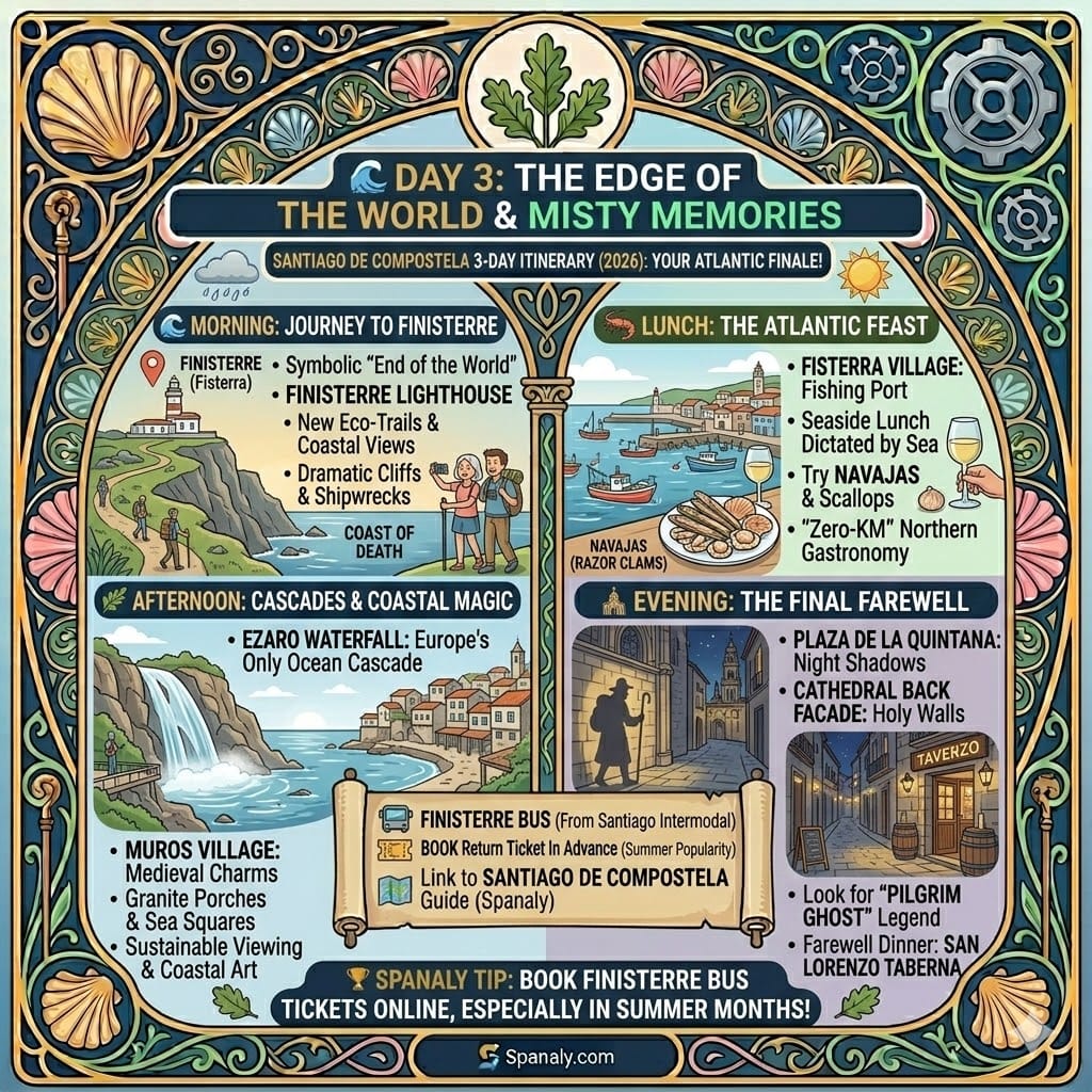 A colorful square infographic for Day 3 in Santiago de Compostela. It illustrates the Finisterre Lighthouse at the "End of the World," a seafood lunch with razor clams, the Ezaro Waterfall, and the mystical Pilgrim Ghost shadow in Plaza de la Quintana.