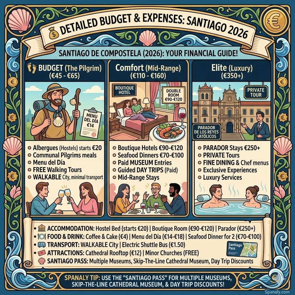 A colorful square infographic titled Detailed Budget & Expenses: Santiago 2026. It features three columns: Budget (€45-€65) with a pilgrim icon, Comfort Mid-Range (€110-€160) with a boutique hotel room, and Elite Luxury (€350+) with the Parador facade. A central table breaks down costs for accommodation, food, transport, and attractions, all within an ornate Galician border with Spanaly branding.