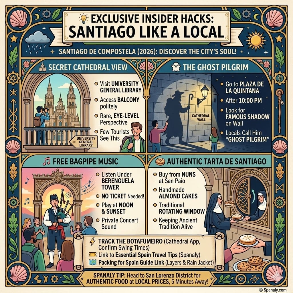 A colorful square infographic titled Exclusive Insider Hacks: Santiago Like a Local. It features four illustrated panels: a secret Cathedral view through a university balcony, the Ghost Pilgrim shadow, free bagpipe music under a tower, and nuns selling Tarta de Santiago through a rotating window, all within a Galician ornate border with Spanaly branding.