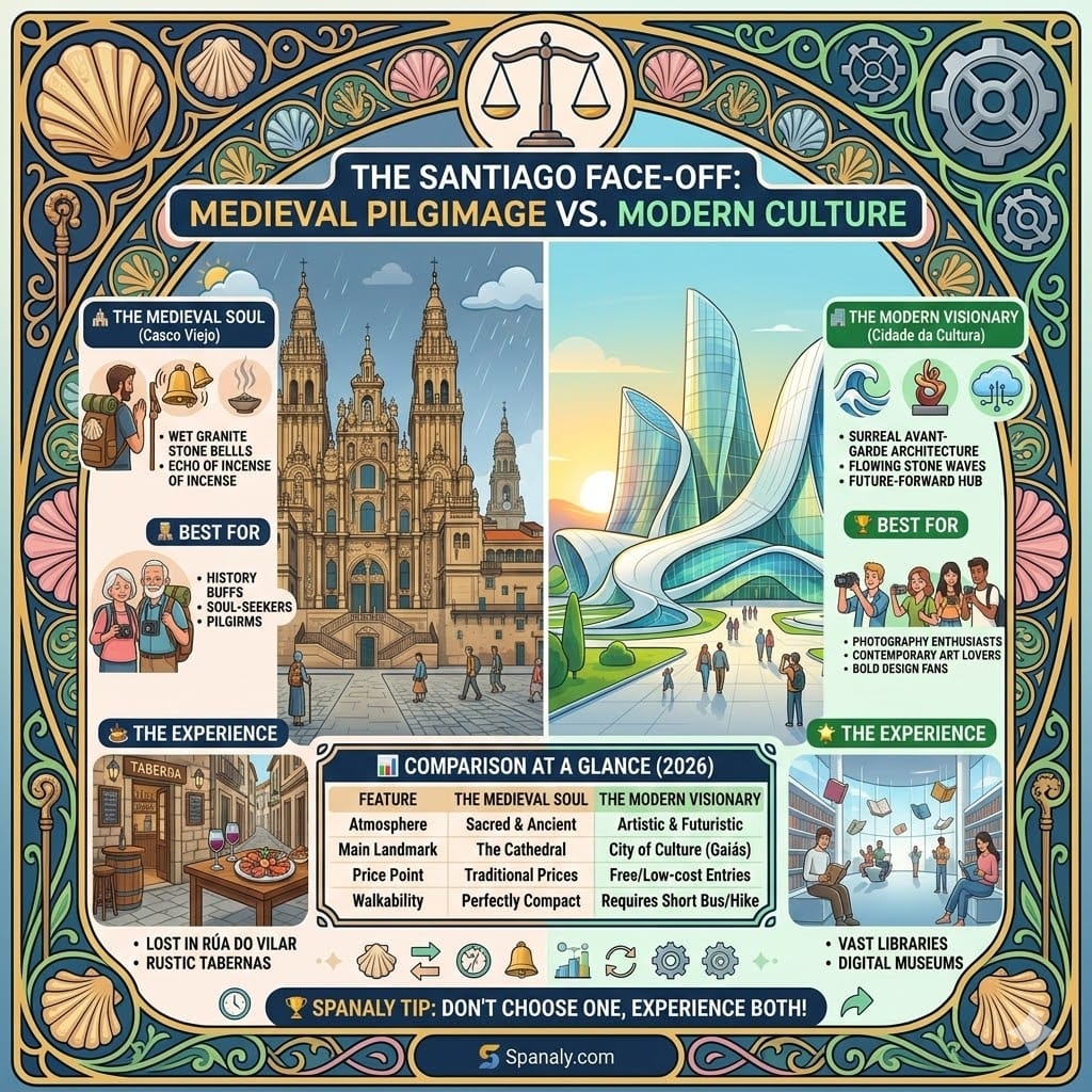 A square infographic comparing medieval Santiago de Compostela (The Cathedral) with the modern Cidade da Cultura architecture. It features icons for history, pilgrims, photography, and digital museums, with a comparison table and the Spanaly logo.