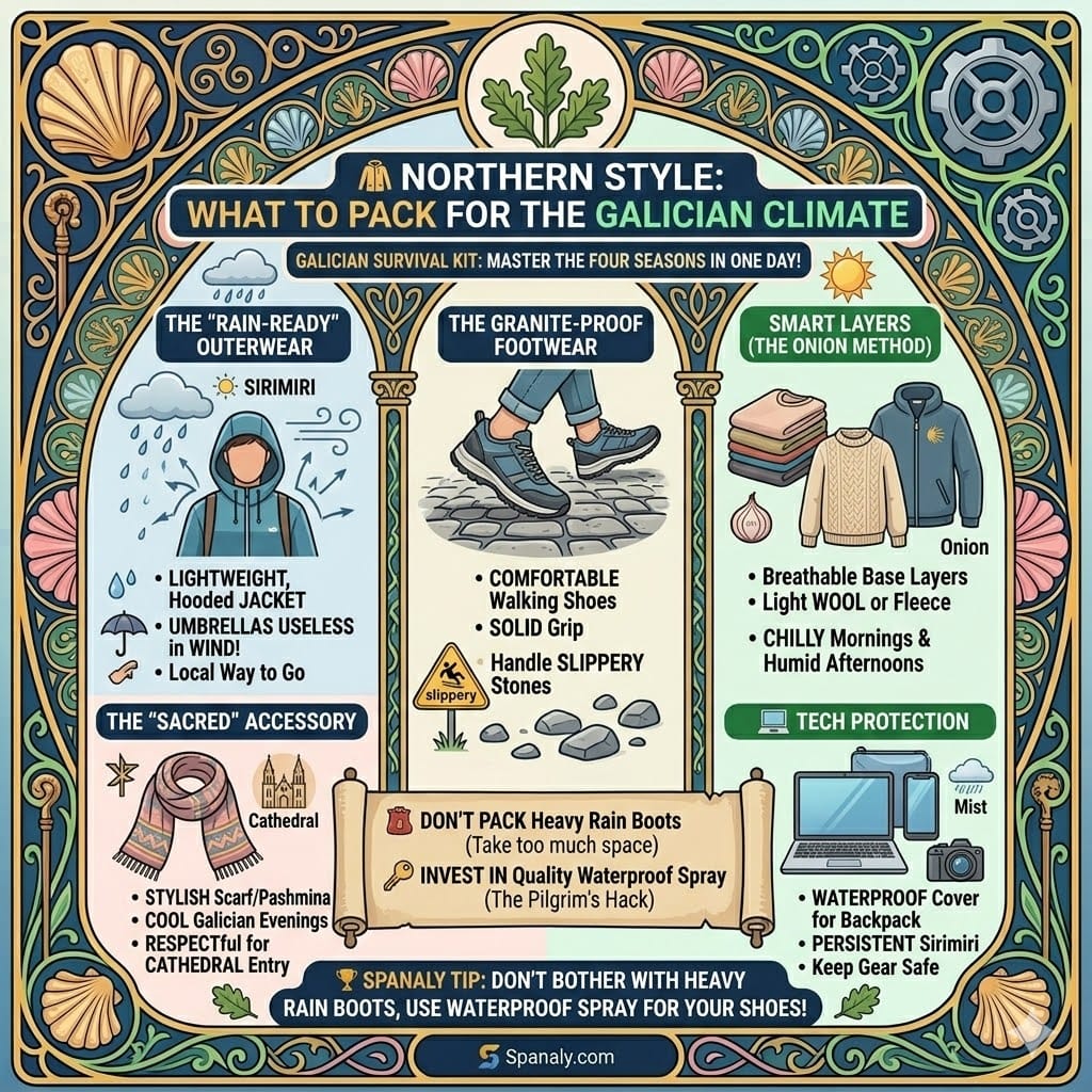 A colorful square infographic titled Northern Style: What to Pack for the Galician Climate. It features visual sections for rain-ready jackets, granite-proof footwear, smart layering, and tech protection, with a vintage ornate border and Spanaly logo.