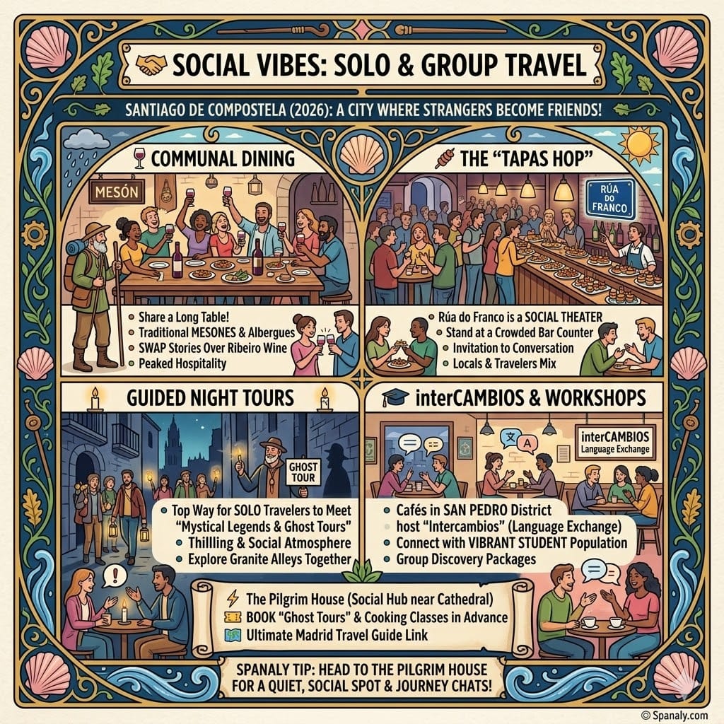 A colorful square infographic titled Social Vibes: Solo & Group Travel. It illustrates communal dining in a Mesón, the lively tapas scene on Rúa do Franco, a guided night ghost tour, and a language exchange (Intercambio) in a cafe, all within a decorative Galician border.