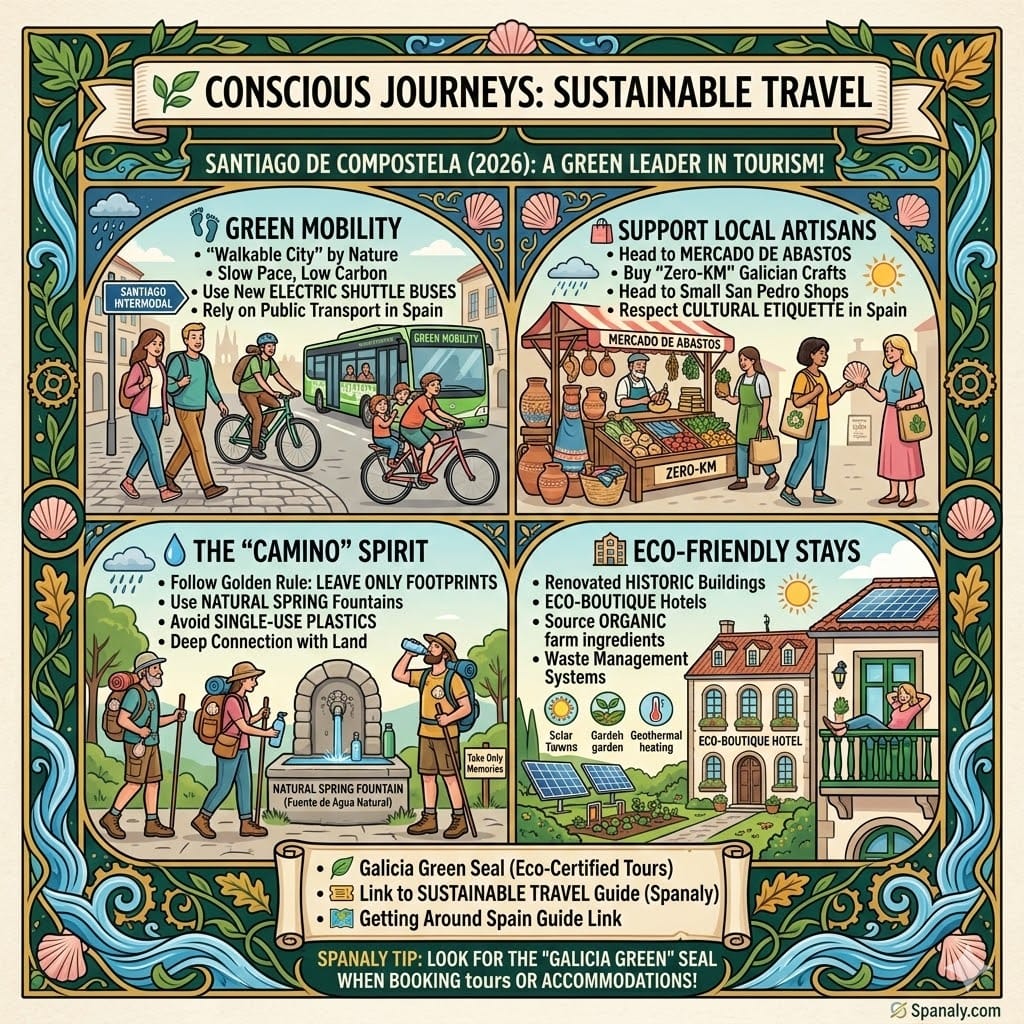 A colorful square infographic titled Conscious Journeys: Sustainable Travel. It illustrates green mobility with electric shuttles and cycling, supporting local artisans at Mercado de Abastos, the Camino spirit by using natural water fountains, and eco-friendly boutique hotels in historic buildings, all within a Galician ornate border.