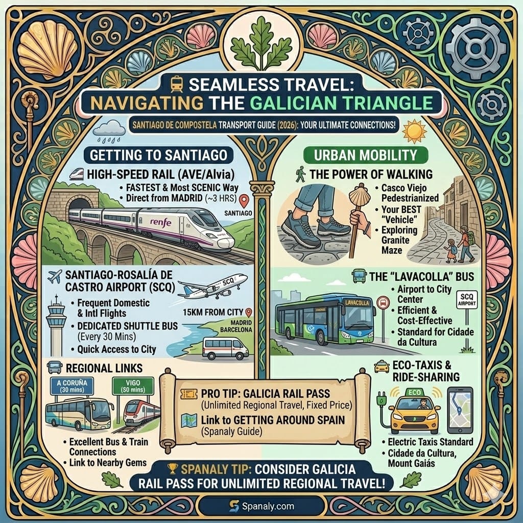 A colorful square infographic titled Seamless Travel: Navigating the Galician Triangle. It features visual sections for High-Speed Rail (AVE), Santiago Airport (SCQ), the Lavacolla Bus, and urban mobility tips with a vintage Galician border and Spanaly logo.
