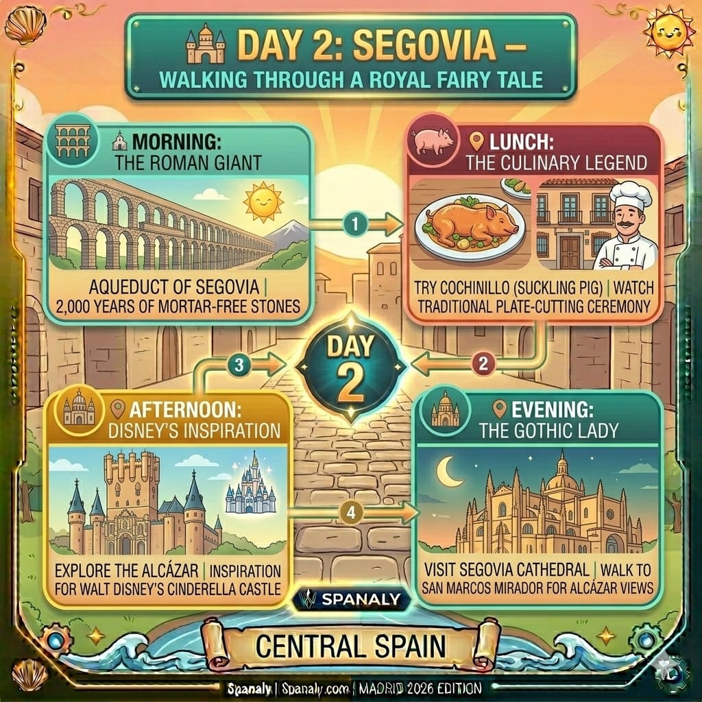 A colorful 2026 itinerary infographic for Segovia, featuring the Roman Aqueduct, the traditional Cochinillo lunch, the fairy-tale Alcázar castle, and the Gothic Cathedral by Spanaly.com.