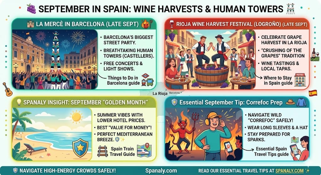 A vibrant colorful infographic titled '🍇 SEPTEMBER IN SPAIN: WINE HARVESTS & HUMAN TOWERS'. It features visual panels illustrating breathtaking human towers (Castellers) during La Mercè in Barcelona, and the traditional grape crushing ceremony in La Rioja for the Wine Harvest Festival. Includes Spanaly Insights about the 'Golden Month' with lower hotel prices and safety tips for Correfoc fire runs. Modern flat vector style. Spanaly.com