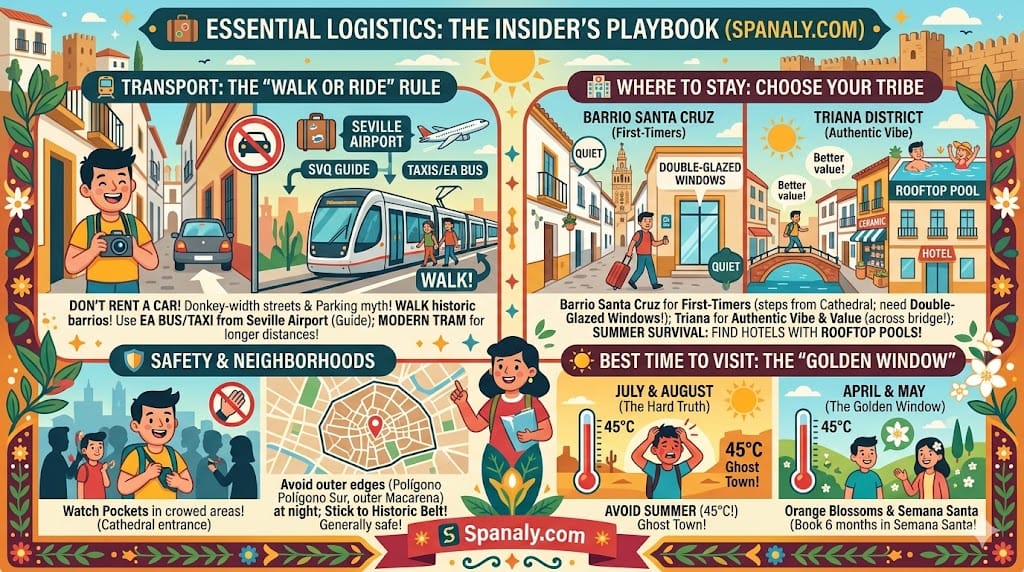 Infographic providing essential logistics for Seville in 2026. It covers the 'Walk or Ride' transport rule suggesting taxis or EA bus from Seville Airport (Guide) and modern tram instead of car rental, advises staying in Barrio Santa Cruz (Quiet) or Triana District (Authentic Vibe) with rooftop pools in summer, outlines safety to avoid pickpockets near the Cathedral, and recommends the 'Golden Window' of April-May for orange blossoms and Semana Santa (Book 6 months ahead) over July-August by Spanaly.
