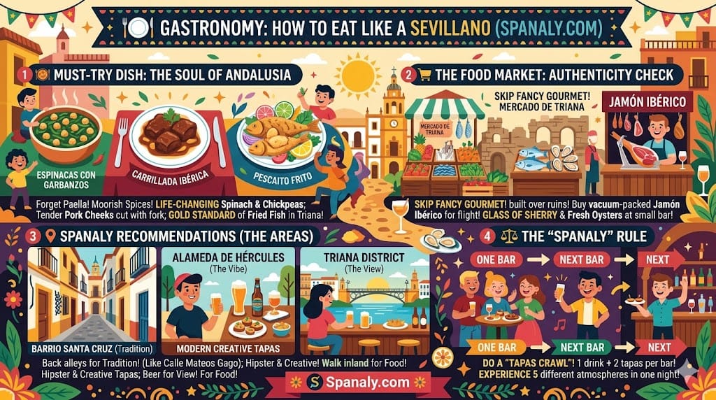 Infographic guide on how to eat like a local in Seville. It features traditional dishes like Espinacas con Garbanzos and Carrillada, highlights Mercado de Triana for Jamon Iberico, recommends districts like Alameda for creative tapas, and explains the Spanaly 'Tapas Crawl' rule by Spanaly.