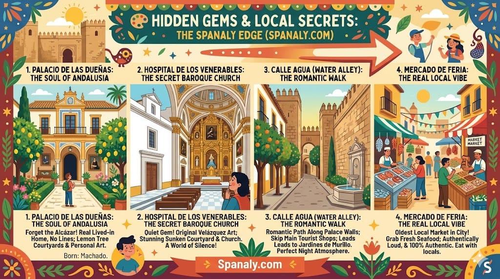 Infographic illustrating Seville hidden gems and local secrets. It features the lemon tree courtyards of Palacio de las Dueñas, original Velázquez art in Hospital de los Venerables church, the romantic Calle Agua alley along palace walls, and eating fresh seafood with locals at Mercado de Feria by Spanaly.