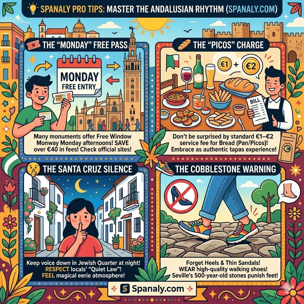 Infographic providing expert travel tips for Seville, Spain. It highlights the 'Monday' free entry pass, explains the Pan/Picos service charge at tapas bars, advises respecting the 'Santa Cruz Silence' at night, and provides a cobblestone warning to wear high-quality walking shoes on uneven 500-year-old stones by Spanaly.