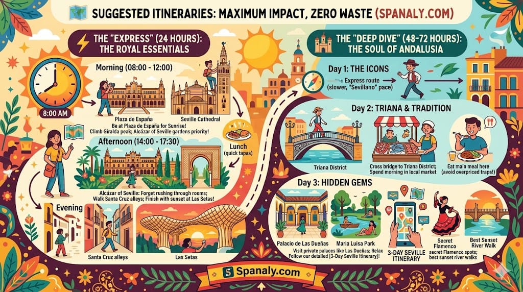 Infographic showing two suggested Seville itineraries: 'The Express' for 24 hours focusing on Plaza de Espana, Seville Cathedral Giralda tower and Real Alcazar gardens, and 'The Deep Dive' for 48-72 hours including Triana district market, hidden gems like Palacio de las Dueñas, and following the Spanaly detailed 3-Day Seville Itinerary guide.