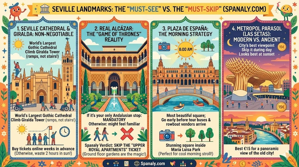 Infographic of Seville top landmarks comparing must-see sites like the Seville Cathedral Giralda tower and Plaza de España with insider tips to skip the Alcazar upper apartments and Torre del Oro interior by Spanaly.