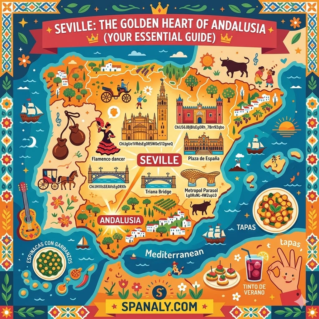 Colorful epic infographic map Featured Image highlighting Seville on a large map of Spain, featuring prominent icons for landmarks like Seville Cathedral and Giralda, the Alcázar palace, Plaza de España, and local food like Espinacas con Garbanzos and traditional tapas by Spanaly.com.