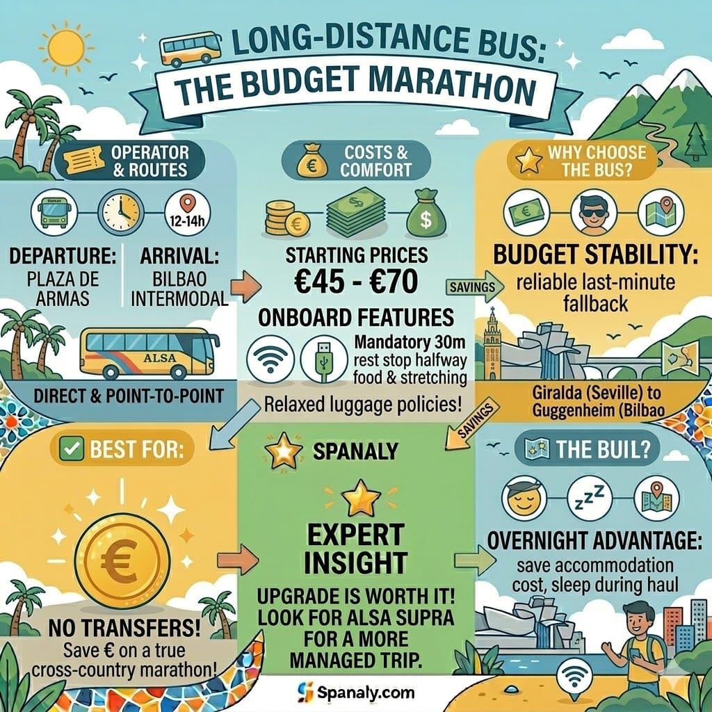 Infographic for the long-distance bus from Seville to Bilbao featuring ALSA services, Plaza de Armas departure, overnight bus benefits, and luggage tips.