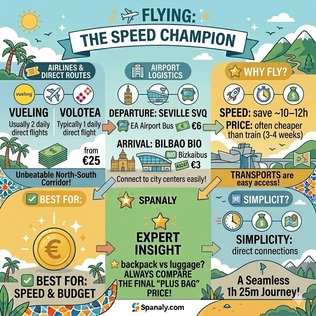 Infographic for flights from Seville to Bilbao featuring Vueling and Volotea airlines, Seville SVQ airport logistics, and Bilbao BIO transport tips.
