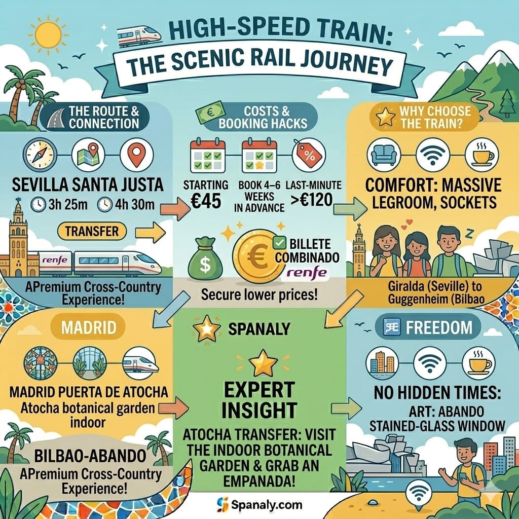 Infographic of the high-speed train route from Seville to Bilbao via Madrid Atocha, featuring Renfe AVE details, costs, and the Atocha botanical garden.