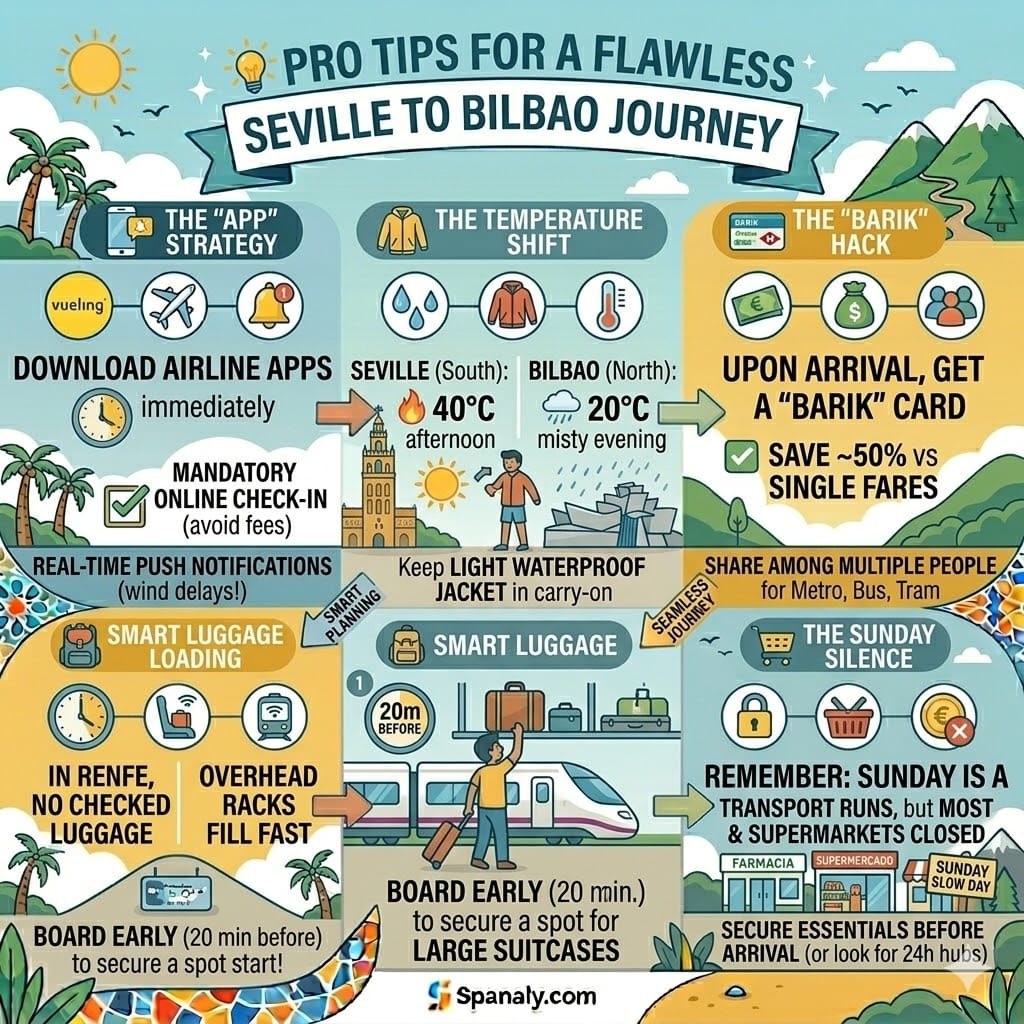 Pro travel tips infographic for Seville to Bilbao featuring airline app strategies, temperature change advice, Barik card hacks, and Sunday shopping logistics in Spain.