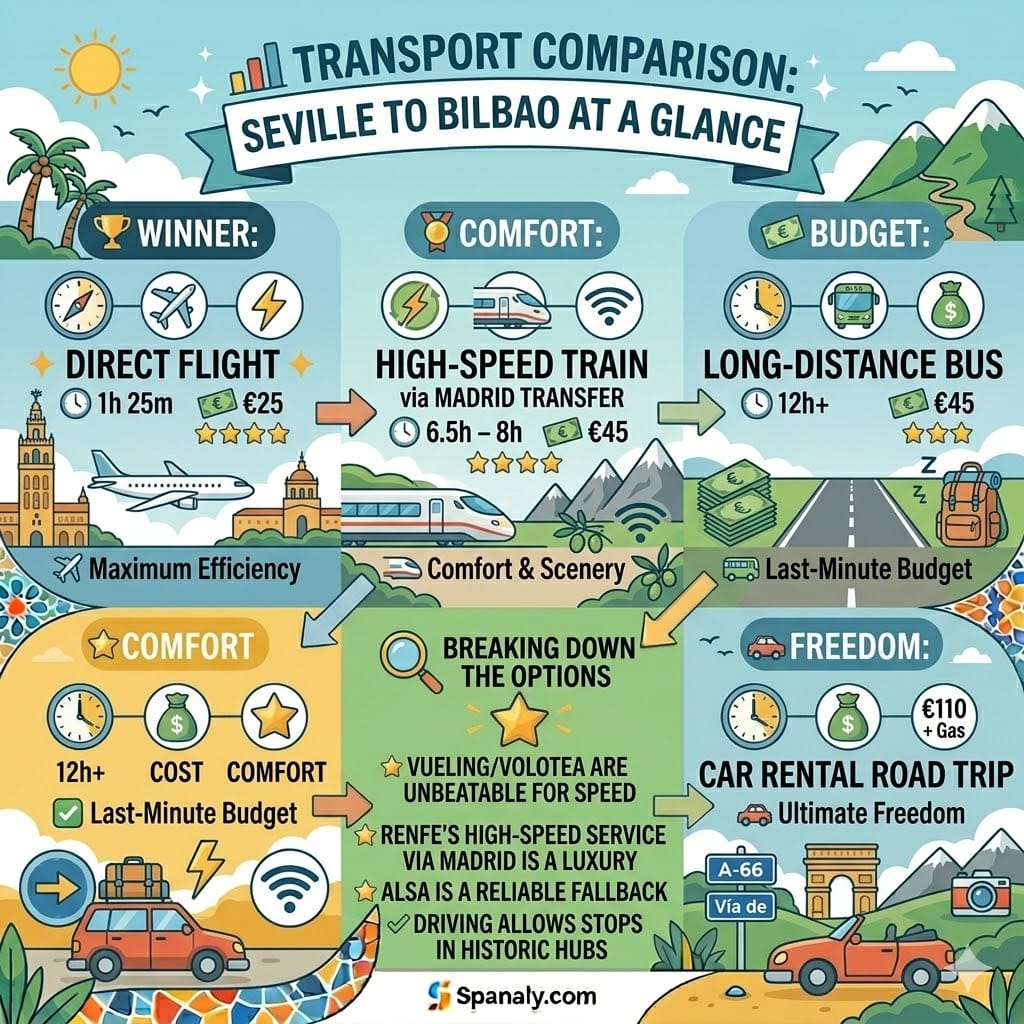 Visual comparison of travel options from Seville to Bilbao showing flight time, train via Madrid, long-distance bus, and car rental road trip costs and comfort levels.