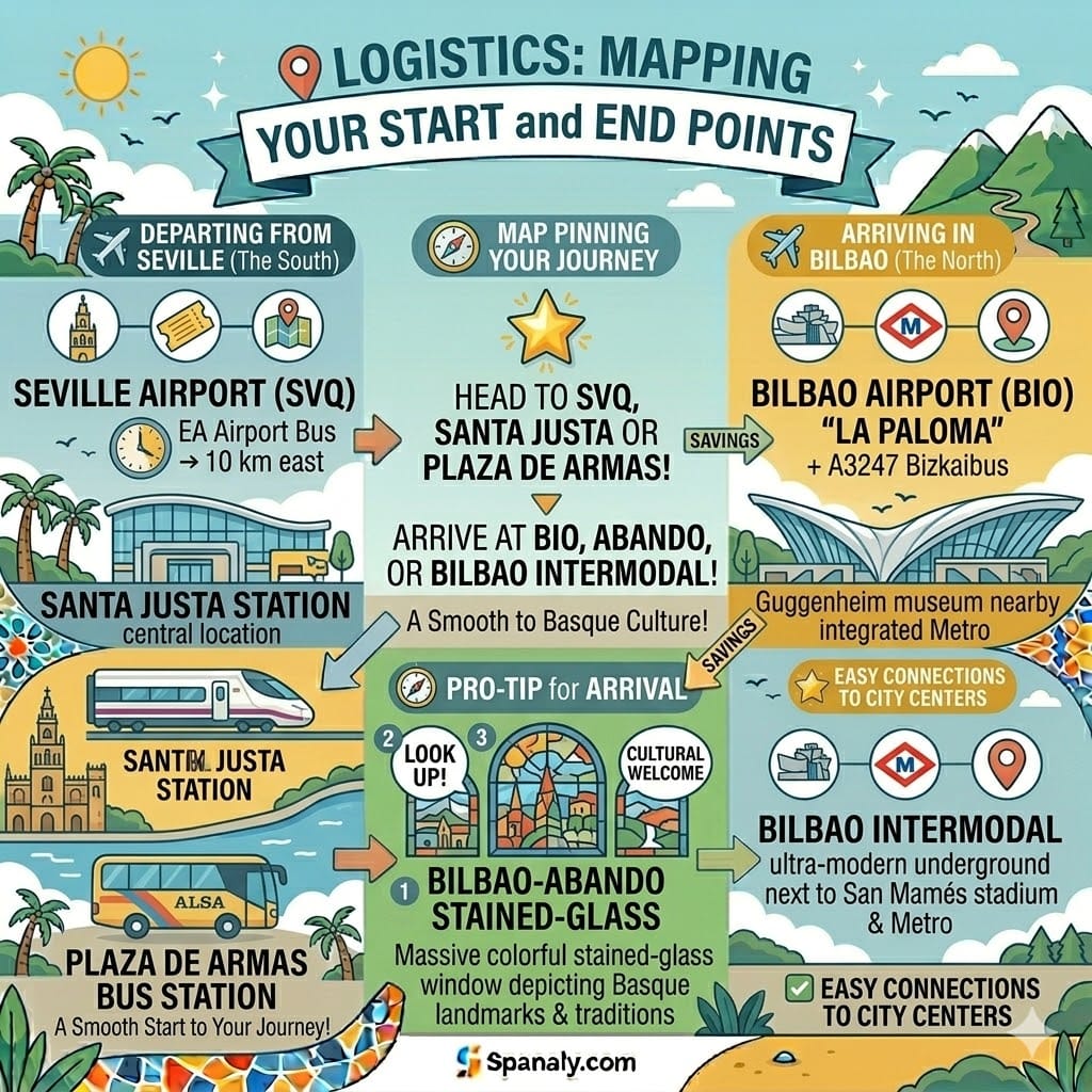 Logistics infographic for Seville to Bilbao travel showing Santa Justa station, Seville SVQ airport, Bilbao BIO airport, and Abando train station hubs.