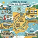 A comprehensive travel map of Spain showing the route from Seville to Bilbao with icons for high-speed trains, flights, ALSA buses, and historic landmarks like the Giralda and Guggenheim.