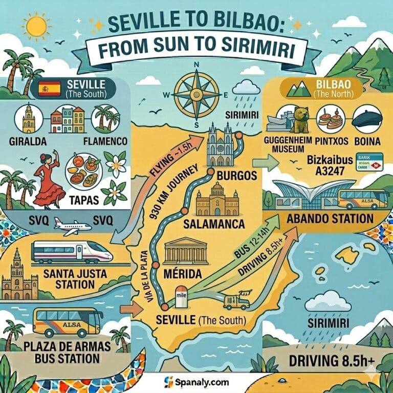 A comprehensive travel map of Spain showing the route from Seville to Bilbao with icons for high-speed trains, flights, ALSA buses, and historic landmarks like the Giralda and Guggenheim.