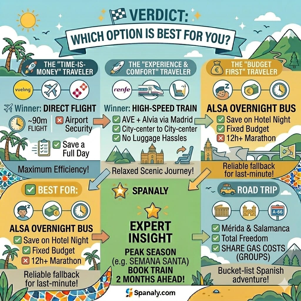 Final travel verdict infographic for Seville to Bilbao comparing the best options for business travelers, budget backpackers, and families on a road trip.