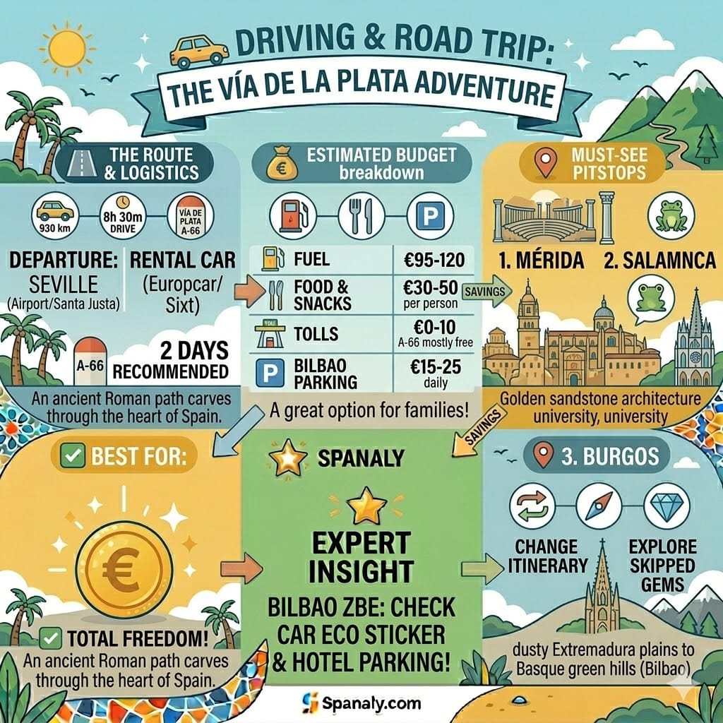 Road trip infographic from Seville to Bilbao via A-66 Vía de la Plata showing fuel costs, pitstops in Mérida and Salamanca, and Bilbao ZBE parking tips.