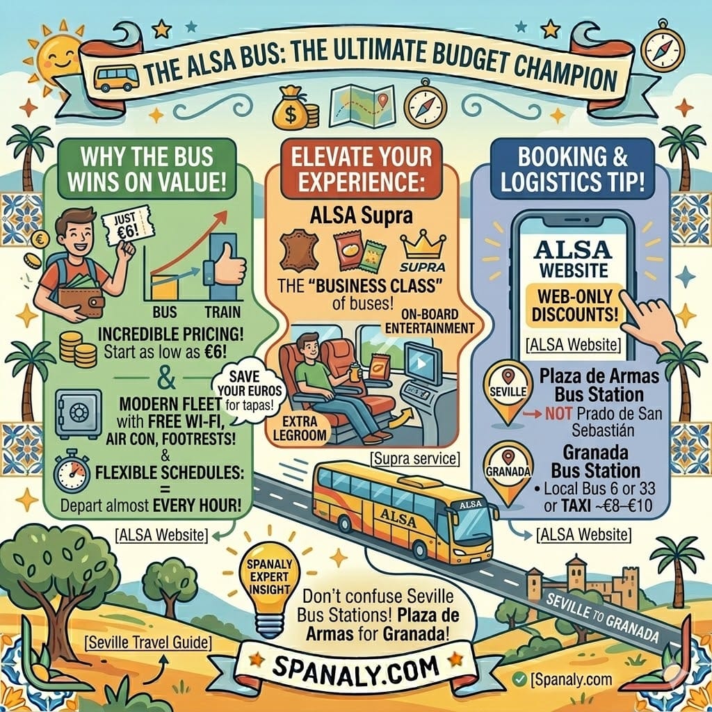 Infographic about ALSA bus travel from Seville to Granada featuring budget tips and stations.