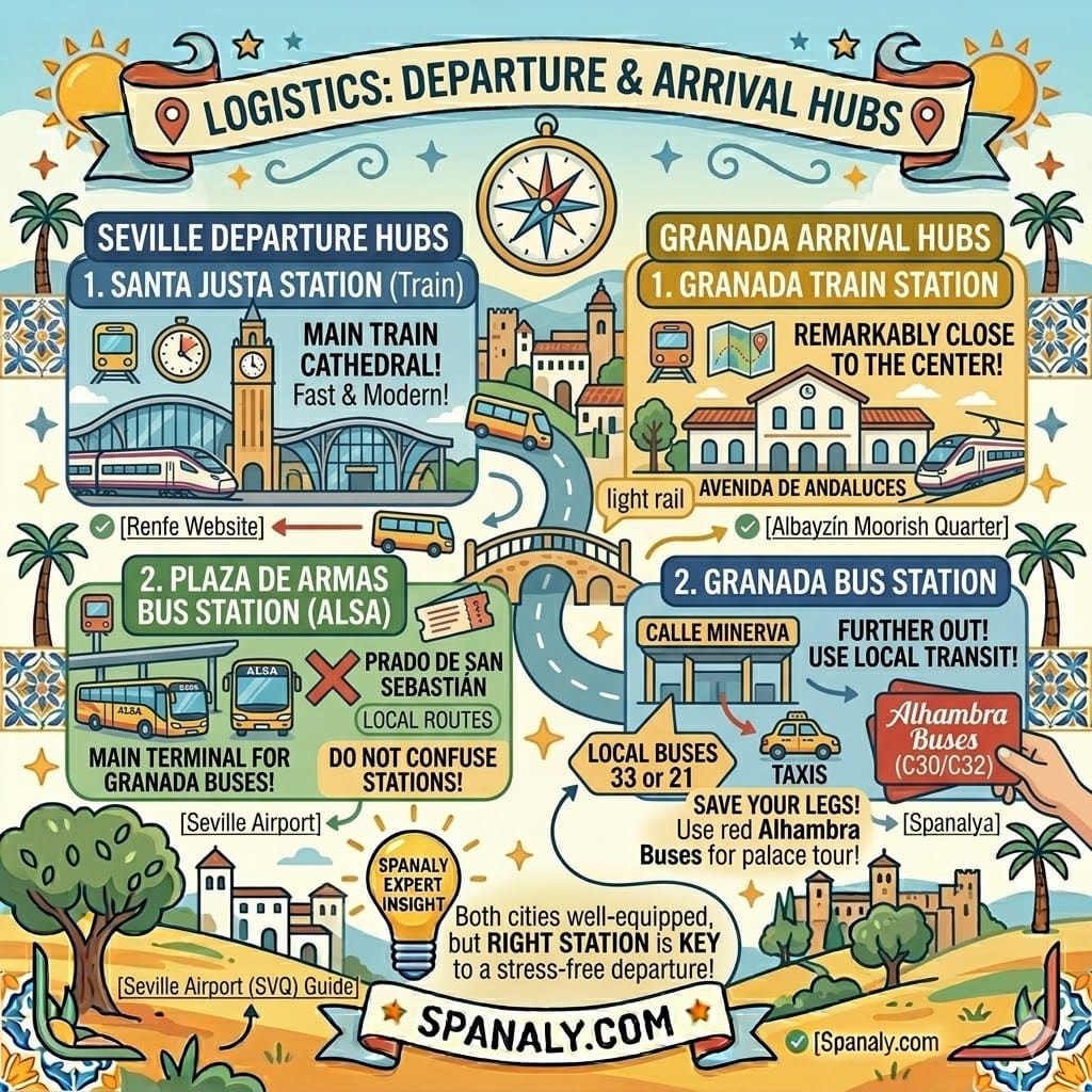 Map of train and bus stations in Seville and Granada for travelers.