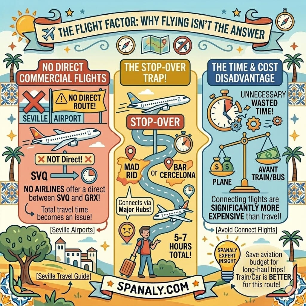 Infographic explaining why there are no direct flights from Seville to Granada and why trains are better.