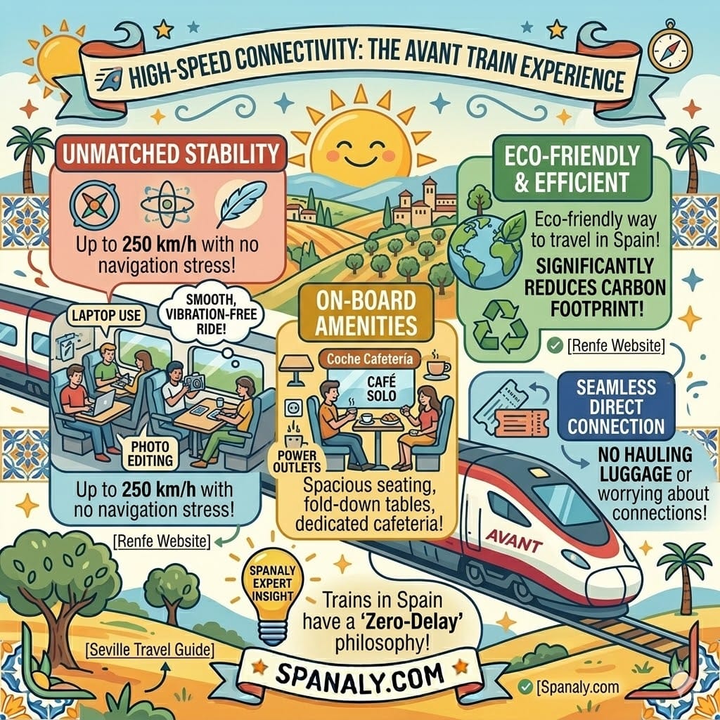 Infographic of the Renfe Avant high-speed train experience from Seville to Granada.