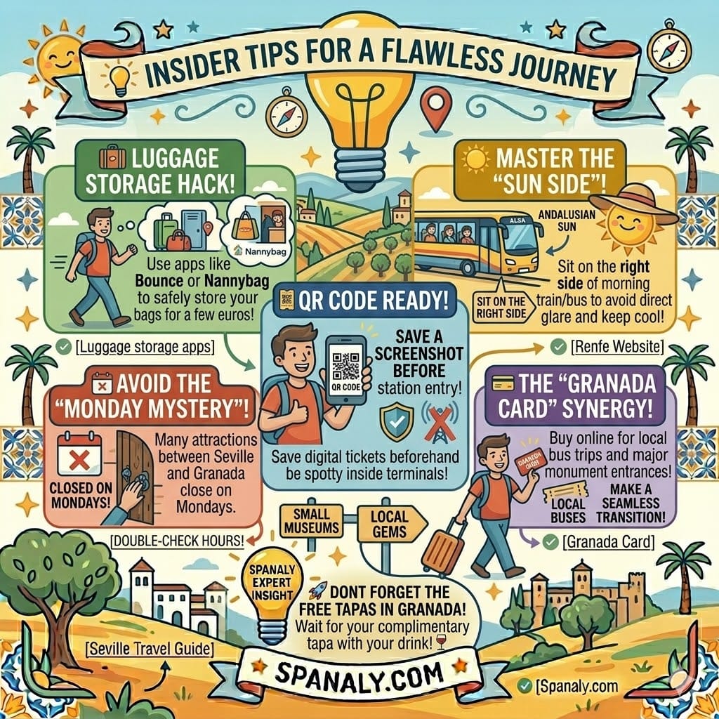 Infographic with travel tips for Seville to Granada journey including luggage and booking hacks.